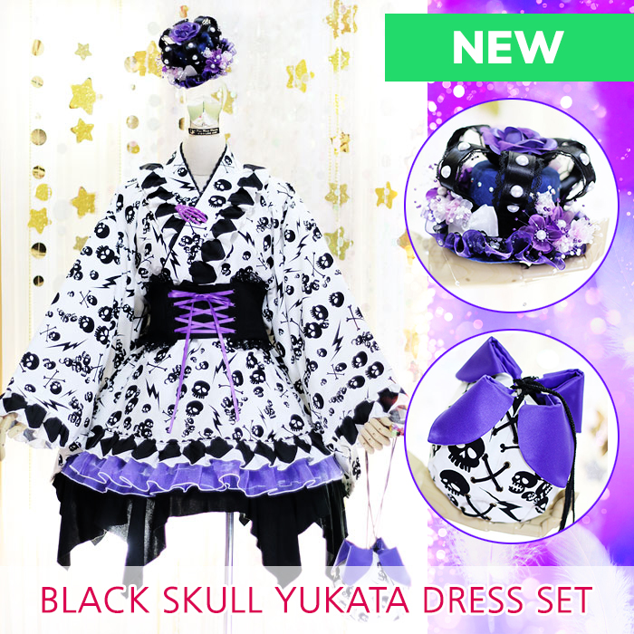 yukata lolita dress black skull halloween cosplay costume